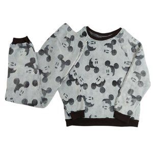Disney Women's Fleece Pajama Set Top And Pants Size M Mickey Mouse Print Gray